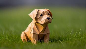 linda perrito sentado en verde césped al aire libre generado por ai foto