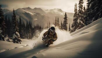 hombre Snowboarding abajo montaña en invierno paisaje generado por ai foto