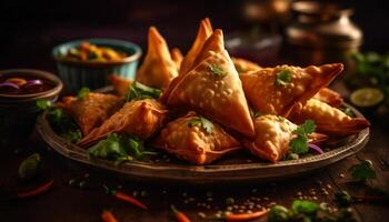 Deep fried samosas and dumplings, gourmet appetizer generated by AI photo