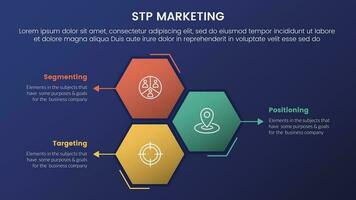 stp marketing strategy model for segmentation customer infographic 3 stages with honeycomb shape vertical direction and dark style gradient theme concept for slide presentation vector