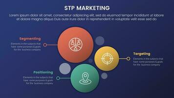 stp marketing strategy model for segmentation customer infographic 3 stages with vertical circle direction and dark style gradient theme concept for slide presentation vector