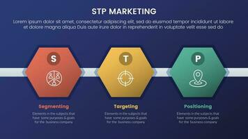 stp márketing estrategia modelo para segmentación cliente infografía 3 etapas con panal forma y oscuro estilo degradado tema concepto para diapositiva presentación vector