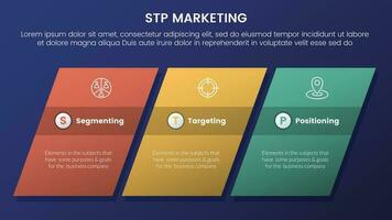 stp marketing strategy model for segmentation customer infographic 3 stages with rectangle skew or skewed and dark style gradient theme concept for slide presentation vector