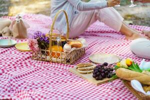 picnic almuerzo comida al aire libre parque con comida picnic cesta. disfrutando picnic hora en parque naturaleza al aire libre foto