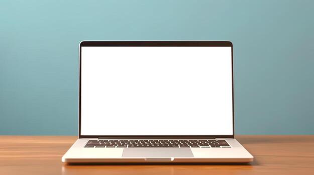 Laptop with blank screen on table workspace laptop showing blank screen background photo