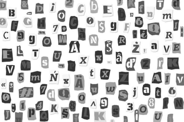 Black and white ransom collage style letters numbers and punctuation marks cut from newspapers and magazines background. Vintage ABC punk alphabet Vector illustration