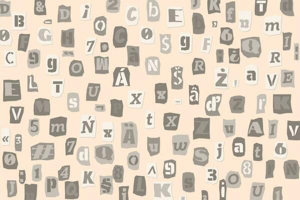 Black and white ransom collage style letters numbers and punctuation marks cut from newspapers and magazines background. Vintage ABC punk alphabet Vector illustration
