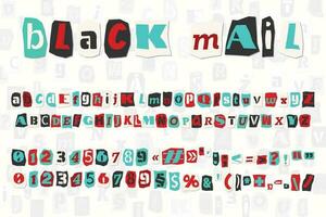 Color ransom collage style letters numbers and punctuation marks cut from newspapers and magazines. Vintage ABC collection. Red, white, black and azure punk alphabet Typography vector illustration