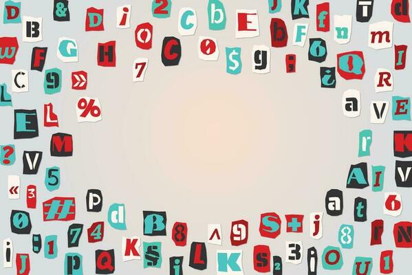 Color ransom collage style letters numbers and punctuation marks cut from newspapers and magazines background. Vintage ABC collection. Red, white, black and azure punk alphabet Vector illustration