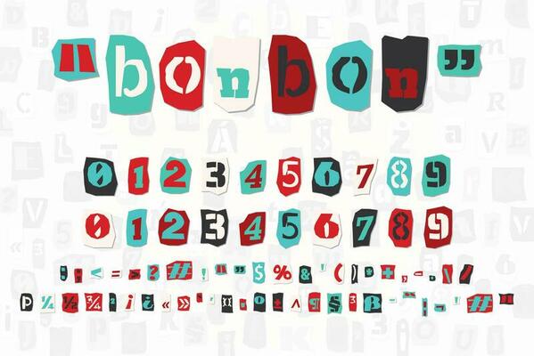 Color ransom collage style letters numbers and punctuation marks cut from newspapers and magazines. Vintage ABC collection. Red, white, black and azure punk alphabet Typography vector illustration
