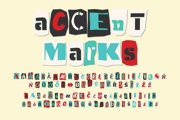 Color ransom collage style letters accent marks cut from newspapers and magazines. Vintage ABC collection. Red, white, black and azure punk alphabet Typography vector illustration