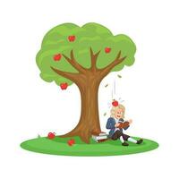 Isaac Newton sentado debajo un árbol y estaba golpear por un manzana. gravedad teoría descubridor dibujos animados ilustración vector