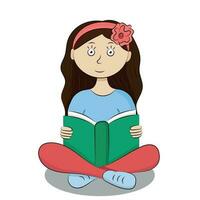 retrato de un dibujos animados niña con un flor en su cabello, quien se sienta con un libro en su manos, aislar en blanco vector