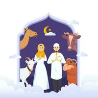 Happy Muslim family celebrates Eid Al Adha Mubarak. Flat vector template illustration