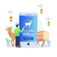 Online Qurban mobile application concept. Illustration of a smart phone with sacrificial animal for Eid al Adha vector