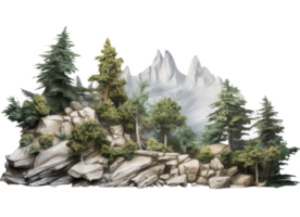 Tree and Rocks Isolated. Illustration AI Generative png