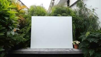Empty white banner with mock up space white of signboard on plants wall space for text photo