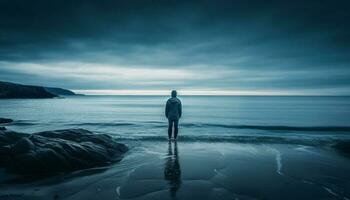 soledad en naturaleza, uno persona en pie retroiluminado generado por ai foto