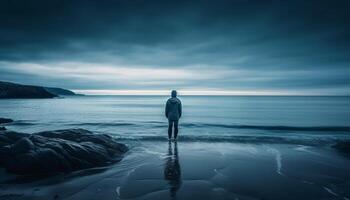 Solitude in nature, one person standing backlit generated by AI photo