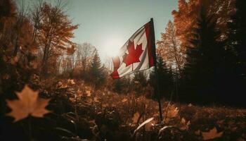 canadiense bandera espalda iluminado por otoño puesta de sol generado por ai foto