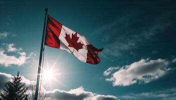 Patriotic men holding Canadian flag, waving with pride generated by AI photo