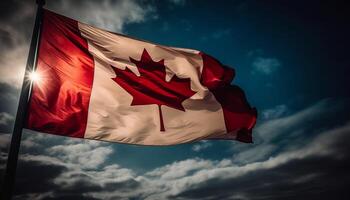 Canadian flag waving majestically in the summer sky generated by AI photo