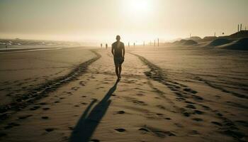 Silhouette of athlete jogging on sandy beach generated by AI photo