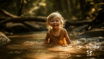 linda caucásico niña jugando en naturaleza agua generado por ai foto