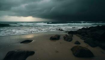 Breaking waves crash against rocky coastline at dusk generated by AI photo