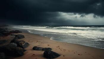 Dramatic sky breaks over tranquil waters edge generated by AI photo