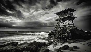 Tranquil seascape at dusk, lifeguard hut beacon generated by AI photo