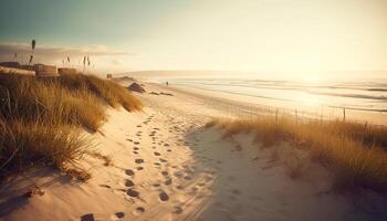 Tranquil sunrise over idyllic sand dunes and coastline generated by AI photo