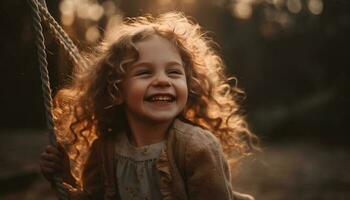 uno linda niña jugando en otoño bosque generado por ai foto