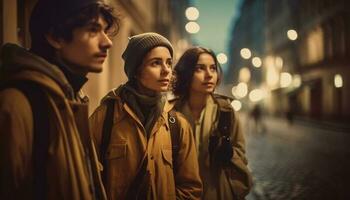 joven adultos caminando en el iluminado ciudad generado por ai foto