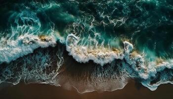 Breaking waves crash on tranquil sandy shore generated by AI photo