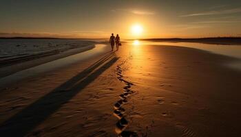 siluetas caminando en arena, disfrutando puesta de sol romance generado por ai foto