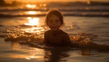 uno niño sonriente, jugando en el agua generado por ai foto