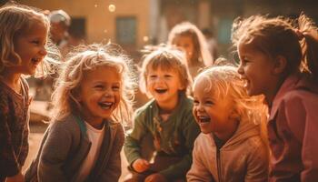 Children playing outdoors, smiling with carefree enjoyment generated by AI photo