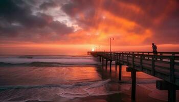 Sunset over tranquil water, a serene landscape generated by AI photo