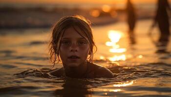 One child smiling, playing in the water generated by AI photo