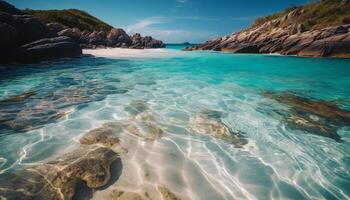 Turquoise waves crash on rocky tropical coast generated by AI photo