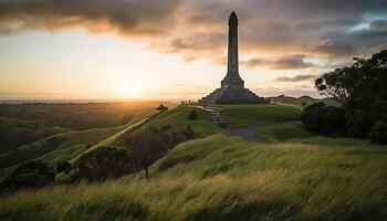 Sunset silhouette of war memorial statue flame generated by AI photo