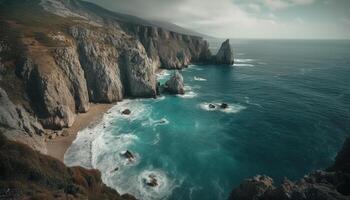 majestuoso línea costera, erosionado acantilados, estrellarse ondas, aventuras generado por ai foto