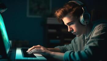 One person sitting, typing, using computer, headphones generated by AI photo