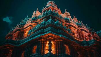 Majestic pagoda illuminated at dusk, symbol of spirituality generated by AI photo