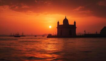 Silhouette of minaret reflects orange twilight sky generated by AI photo