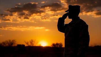 silueta de Ejército soldado saludando a puesta de sol generado por ai foto