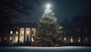 iluminado Navidad árbol brilla en Nevado bosque generado por ai foto