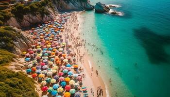 Sunbathing tourists relax on tropical coastline paradise generated by AI photo