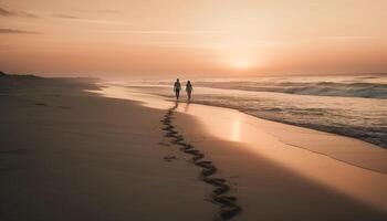 Silhouette couple walking on beach at sunset generated by AI photo